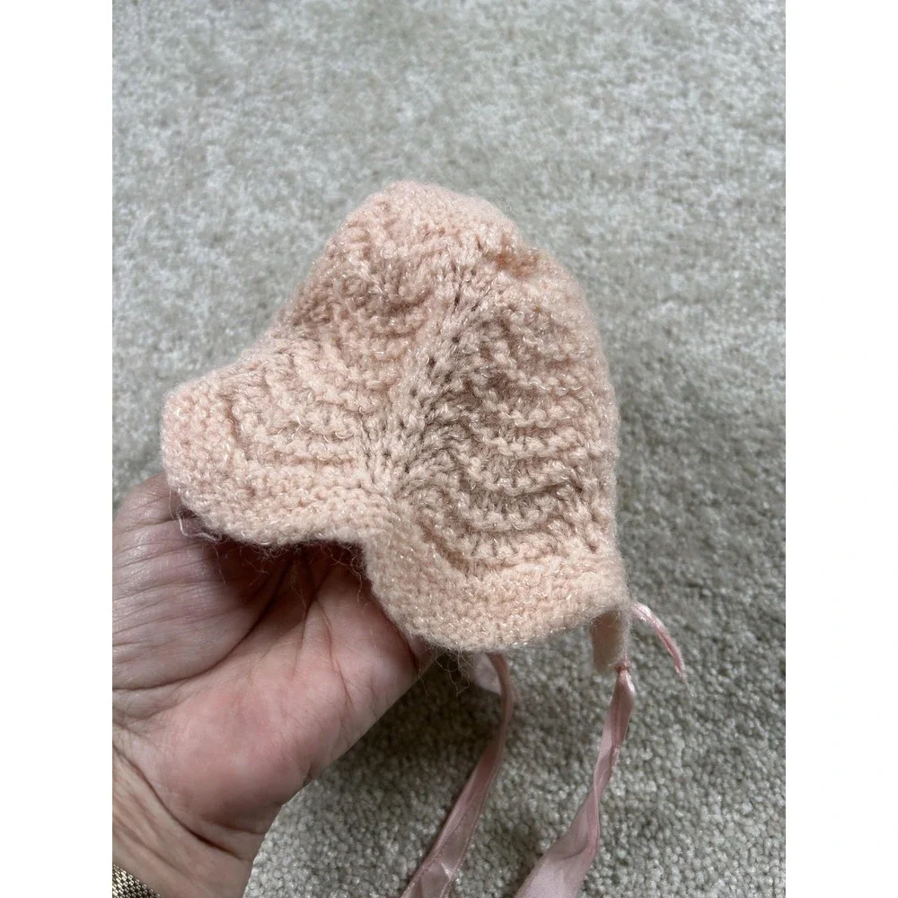 Vintage Hand Knit Baby Bonnet Pink Soft Acrylic Satin Ribbon 90s Girl Infant Hat